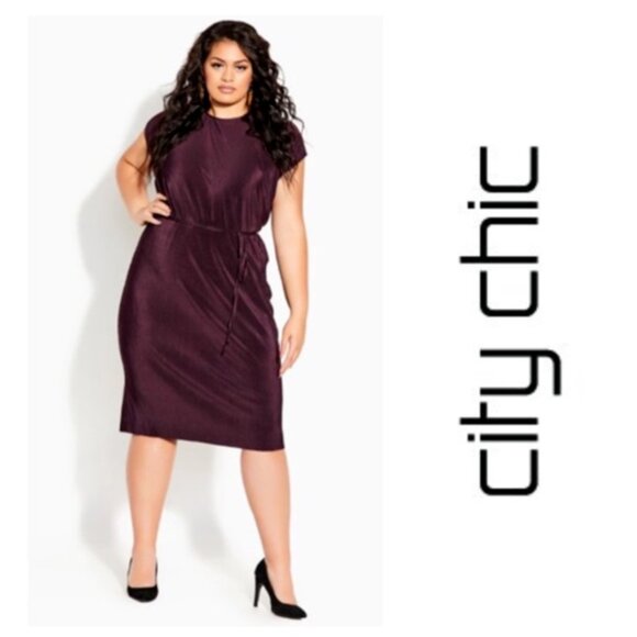 City Chic Pleated Spiced Plum Midi Dress - Picture 1 of 11
